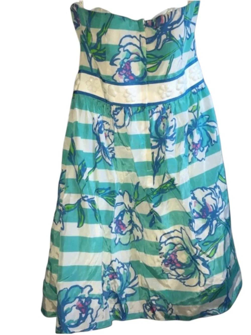 Strapless Aqua Floral Stripe Summer Dress - Picture 4 of 4